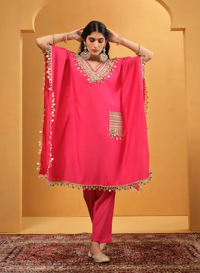 ISHIN Women's Pink Roman Silk Embellished A-Line Kaftan Upperwear Knee Length Palazzo Bottomwear Flowy 2 Peice Kurta Set