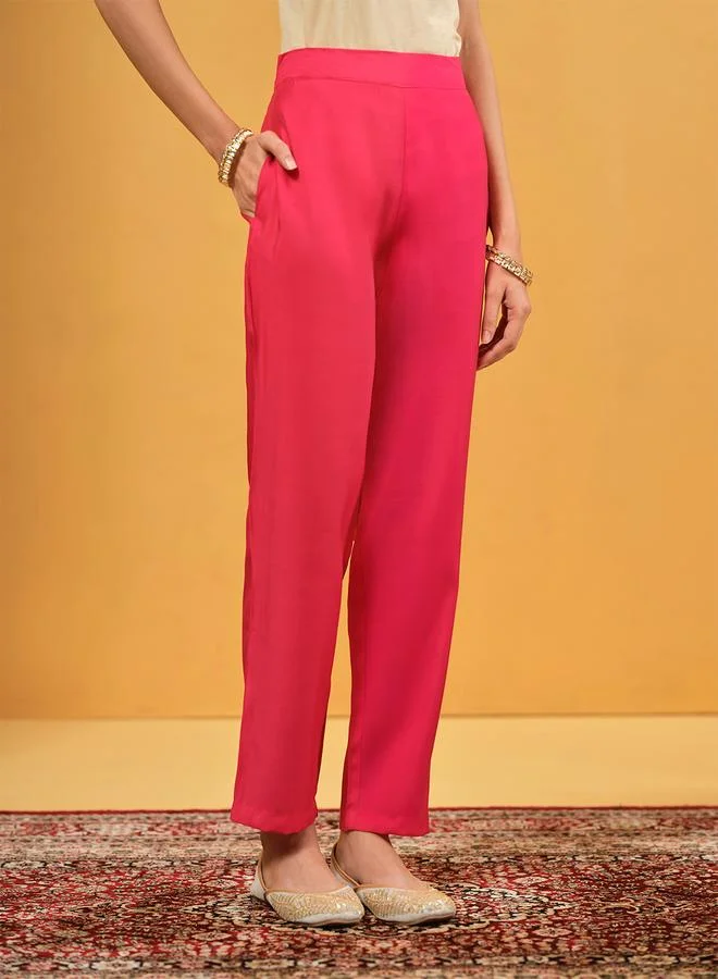 ISHIN Women's Pink Roman Silk Embellished A-Line Kaftan Upperwear Knee Length Palazzo Bottomwear Flowy 2 Peice Kurta Set