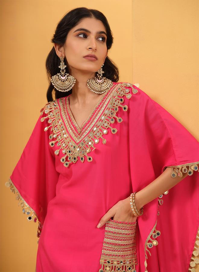 ISHIN Women's Pink Roman Silk Embellished A-Line Kaftan Upperwear Knee Length Palazzo Bottomwear Flowy 2 Peice Kurta Set - Image 5