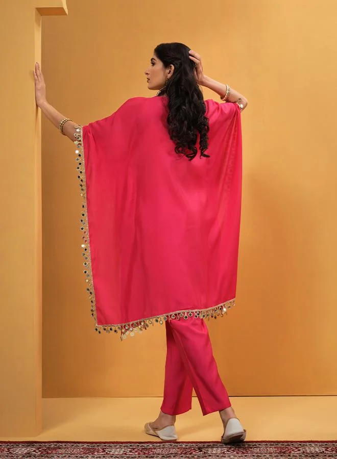 ISHIN Women's Pink Roman Silk Embellished A-Line Kaftan Upperwear Knee Length Palazzo Bottomwear Flowy 2 Peice Kurta Set