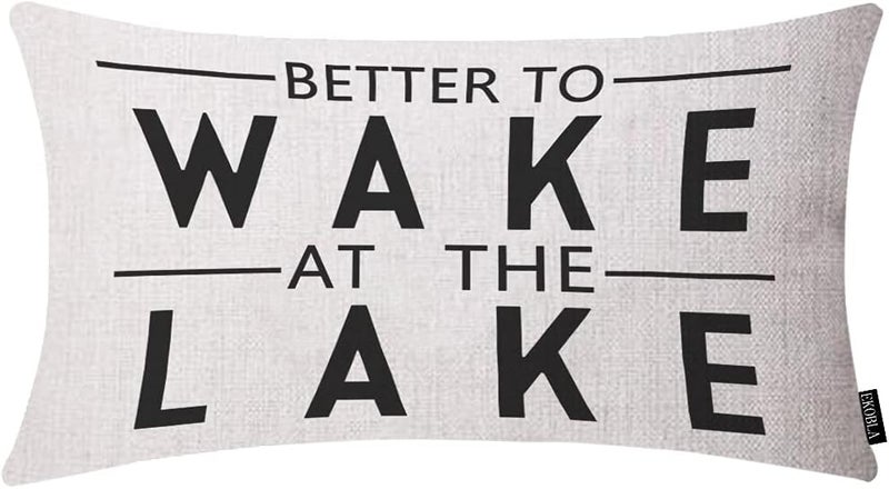 EKOBLA Better to Wake at The Lake Pillow Cases Throw Pillow Covers Funny Quote Adventure Happy Camping Square Throw Waist Pillow Case Cushion Cases for Sofa Bedroom Living Room 12x20 Inches - Image 1