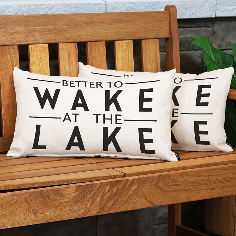 EKOBLA Better to Wake at The Lake Pillow Cases Throw Pillow Covers Funny Quote Adventure Happy Camping Square Throw Waist Pillow Case Cushion Cases for Sofa Bedroom Living Room 12x20 Inches - Image 3