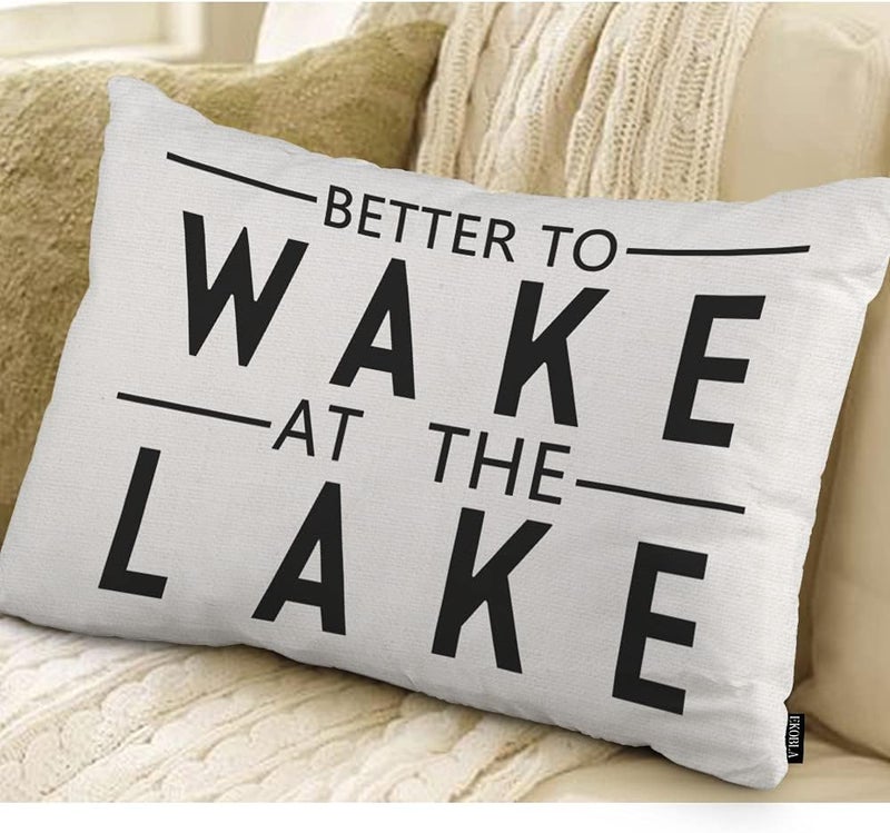EKOBLA Better to Wake at The Lake Pillow Cases Throw Pillow Covers Funny Quote Adventure Happy Camping Square Throw Waist Pillow Case Cushion Cases for Sofa Bedroom Living Room 12x20 Inches - Image 2