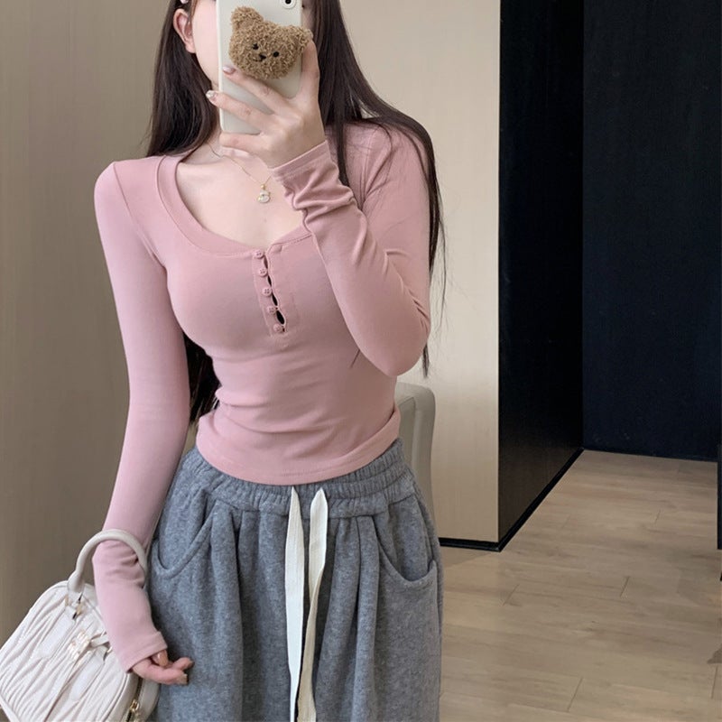 Pure Desire Women's Slim Fit Long Sleeve U-Neck T-Shirt – Geometric Pattern Casual Top - Image 2