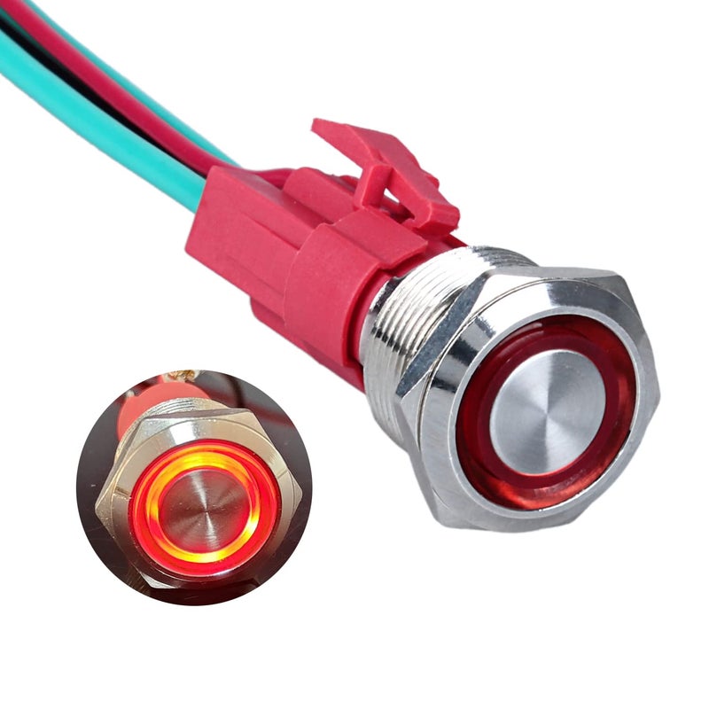 DMWD 19mm Heavy Duty Latching Metal Push Button Switch Waterproof Large Current 20Amp 12V-24V ON-OFF 1NO 4 Pins with Pre-wired Harness (Halo Ring Red LED) - Image 1