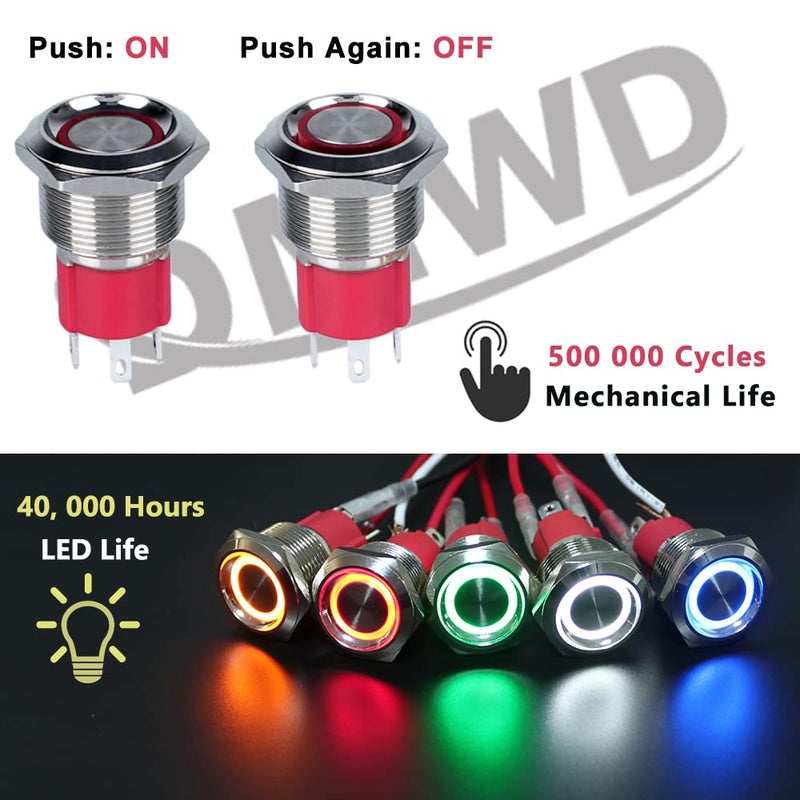 DMWD 19mm Heavy Duty Latching Metal Push Button Switch Waterproof Large Current 20Amp 12V-24V ON-OFF 1NO 4 Pins with Pre-wired Harness (Halo Ring Red LED) - Image 2