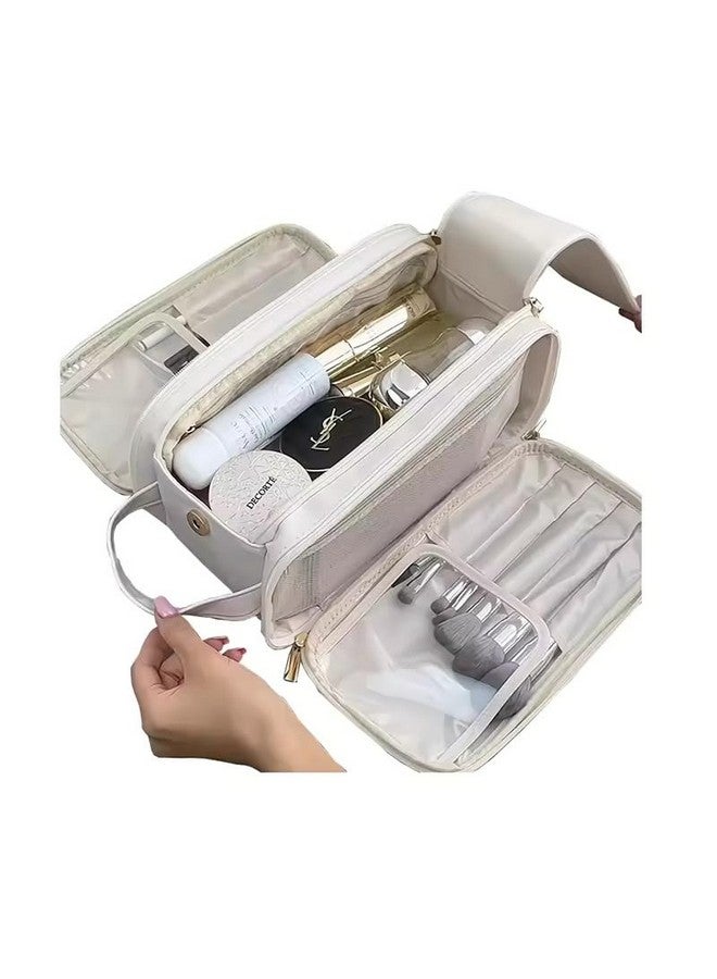 LARYNX Makeup Bag, Large Capacity Travel Cosmetic Bag, Multi-Partition with Handle Makeup Bag, Multifunctional Portable Organizer, Women Waterproof Storage Toiletry Bag (Beige) - Image 5