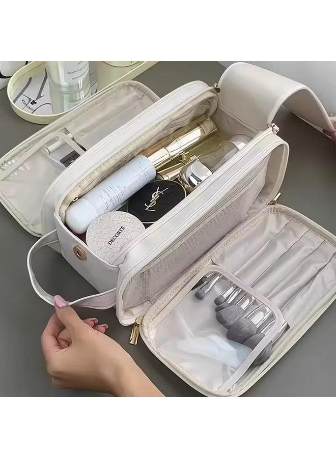 LARYNX Makeup Bag, Large Capacity Travel Cosmetic Bag, Multi-Partition with Handle Makeup Bag, Multifunctional Portable Organizer, Women Waterproof Storage Toiletry Bag (Beige) - Image 2