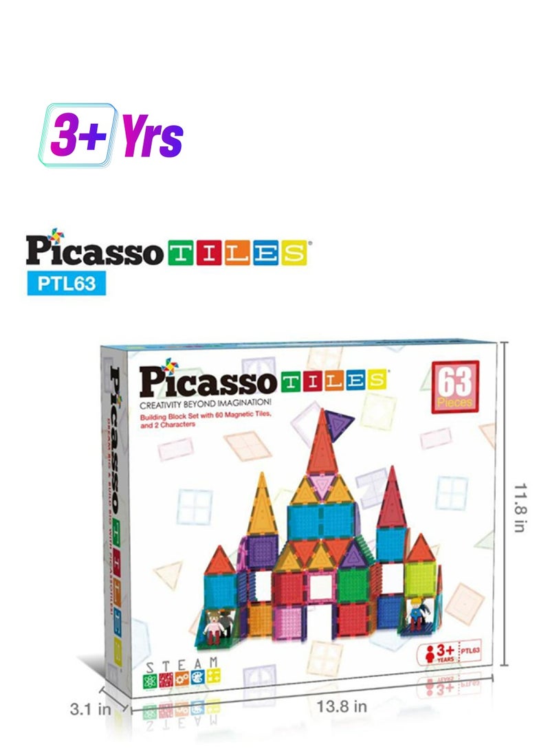 PicassoTiles 63 Pieces Magnetic Bricks Tiles Magnetic Building Blocks for Kids, Magnet Sensory Toys for Boys & Girls Age 3+  - Image 1