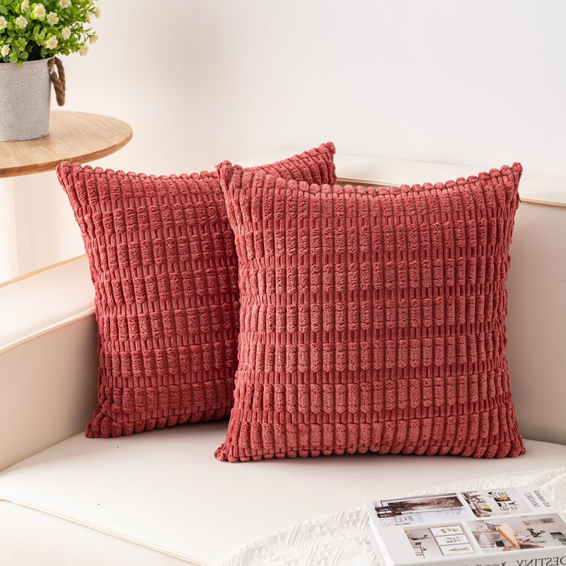 Aegero Pack of 2 Corduroy Decorative Throw Pillow Covers 18x18 InchSoft Boho Striped Pillow Covers Modern Farmhouse Home Decor for Sofa Living Room Couch Bed（Cranberry Red） - Image 1