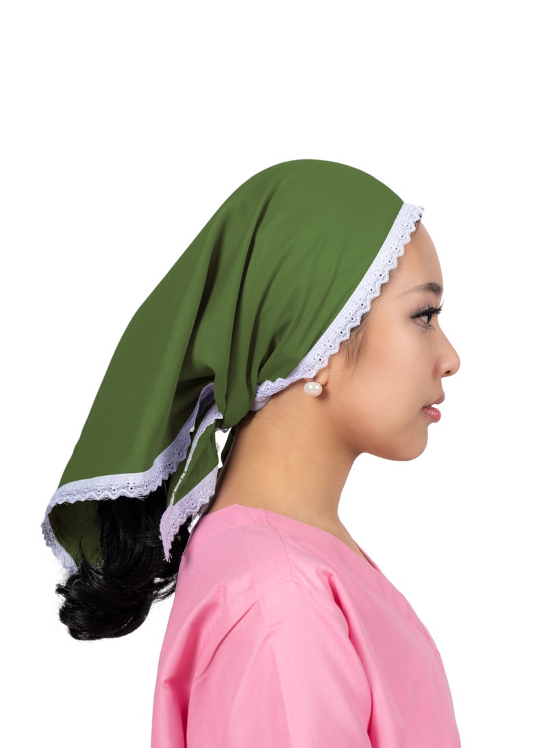 وشاح مربع أنيق، حواف دانتيل بيضاء، قماش ناعم وخفيف الوزن، غطاء رأس/مربية أطفال/مربية أطفال، قطن، مقاس واحد