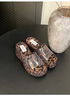 2024 Spring And Autumn New Womens Slippers One-Row Transparent Platform Waterproof Thick Bottom Slope Track Outer Wear Sandals Leopard