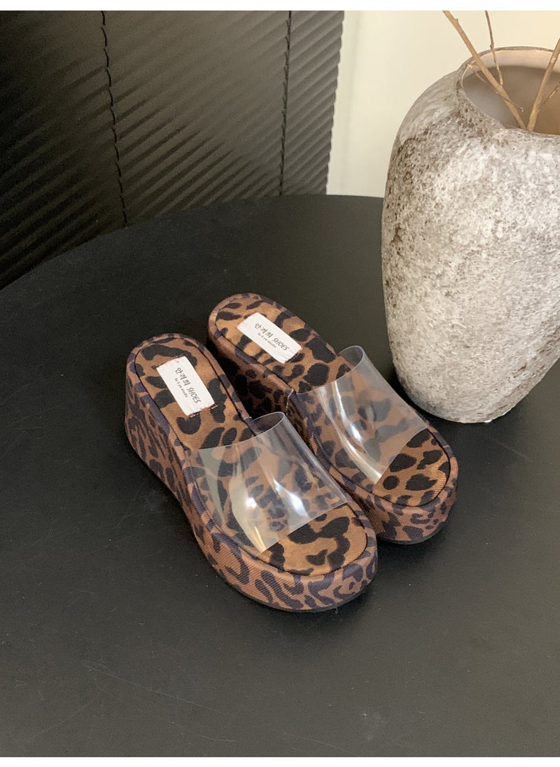 Generic - 2024 Spring And Autumn New Womens Slippers One-Row Transparent Platform Waterproof Thick Bottom Slope Track Outer Wear Sandals Leopard - Image 1