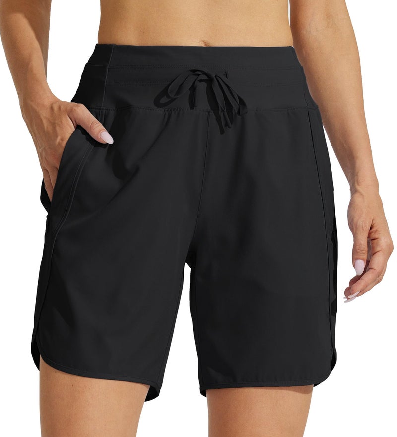Willit Women's 7" Athletic Running Long Shorts Workout Hiking Shorts Quick Dry High Waisted Active Zipper Pocket Black L - Image 4