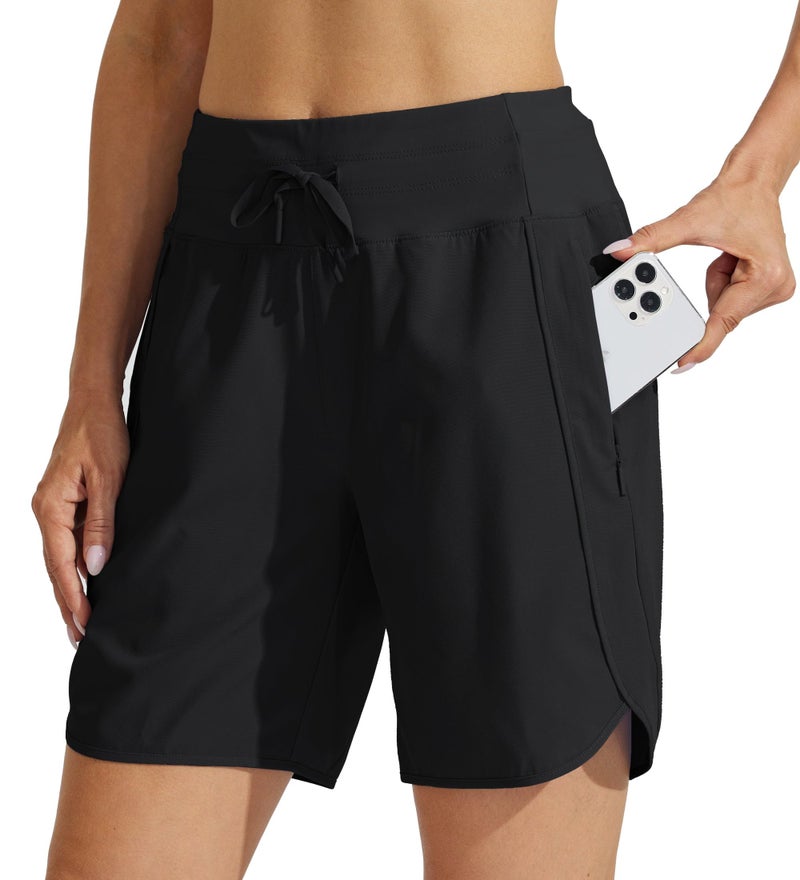 Willit Women's 7" Athletic Running Long Shorts Workout Hiking Shorts Quick Dry High Waisted Active Zipper Pocket Black L - Image 1