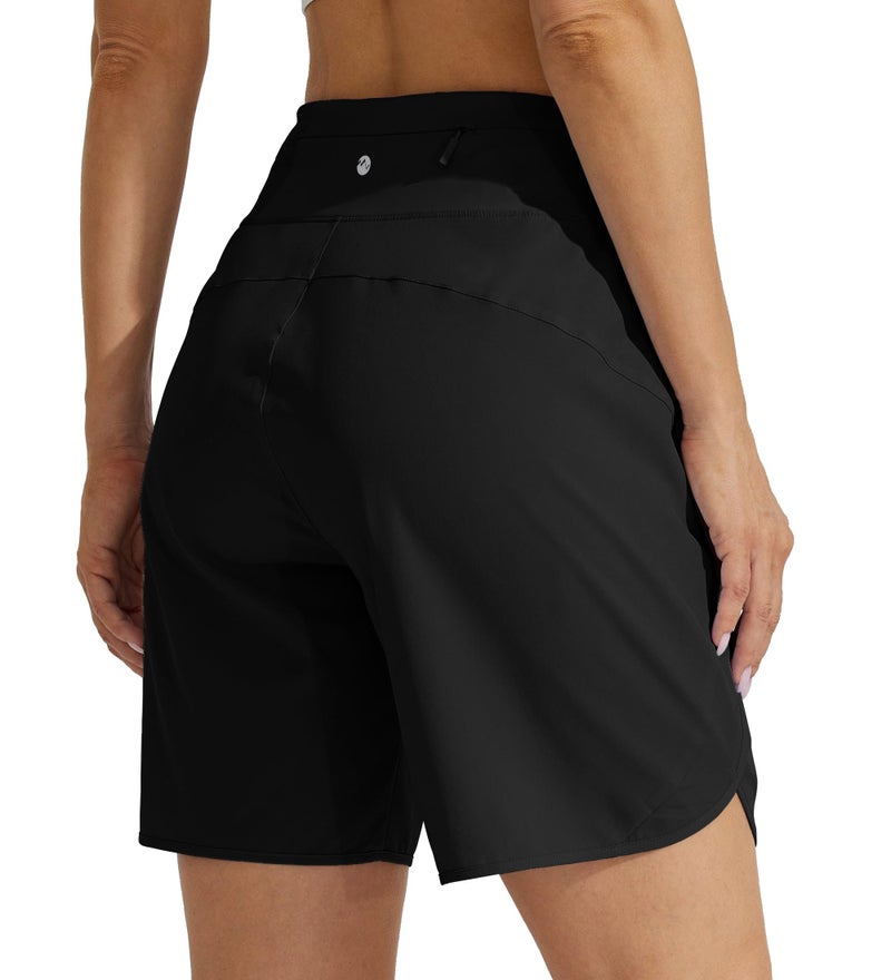Willit Women's 7" Athletic Running Long Shorts Workout Hiking Shorts Quick Dry High Waisted Active Zipper Pocket Black L - Image 2