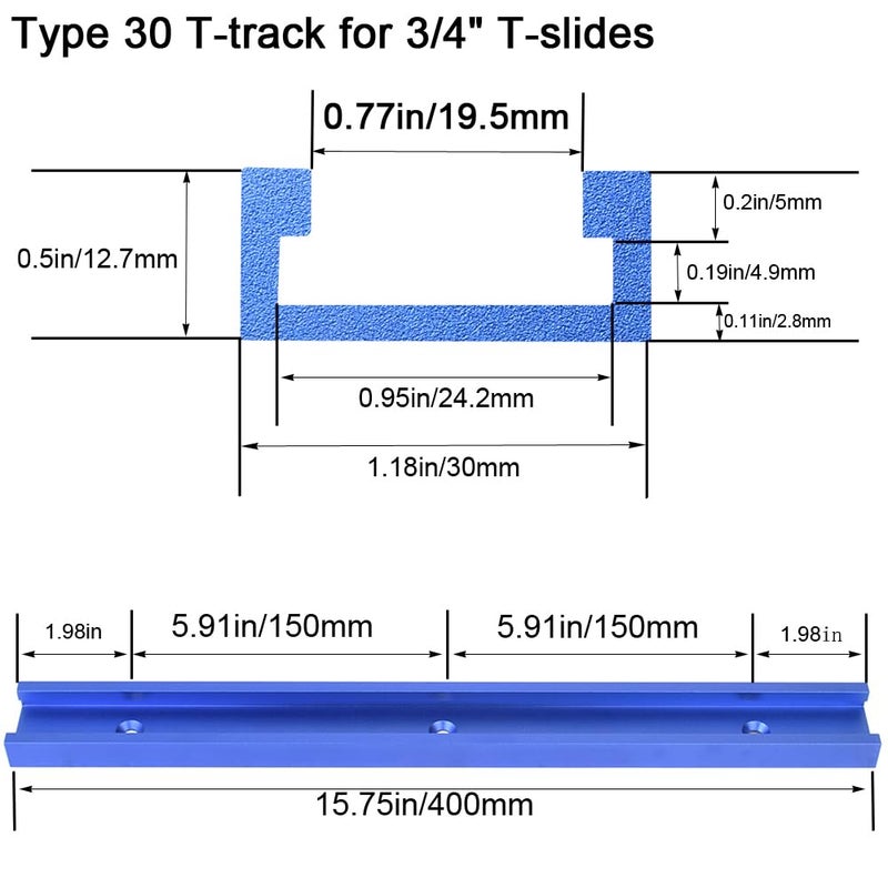 KETIPED 2pc Aluminum 400mm Double-Cut Profile Universal 3/4" T-Track with Predrilled Mounting Holes and Wood Screws,30 Type T Track for Woodworking Jigs and Fixtures,Drill Press Table,(15.75in)-BL - Image 2