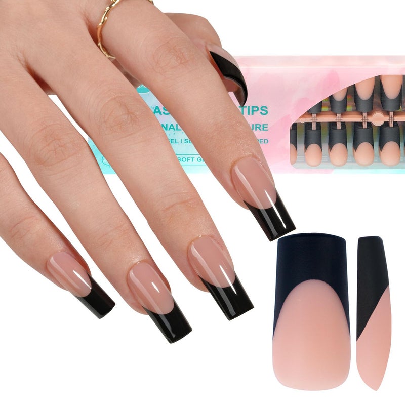 Misssix Black French Gel Nail Tips 240Pcs French Tip Press on Nails Long Square No Need to File 3 in 1 Tips Prelasting Fake Nails for Nail Art DIY 15 Sizes