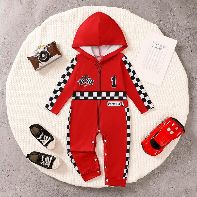 Happidoo Baby Boy 1st Birthday Outfit One Year Old Birthday Clothes Boy Race Car Driver Hooded Romper (Red,12-18 Months) - Image 2