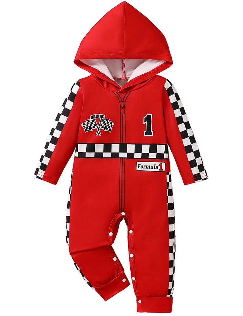 Happidoo Baby Boy 1st Birthday Outfit One Year Old Birthday Clothes Boy Race Car Driver Hooded Romper (Red,12-18 Months) - Image 1