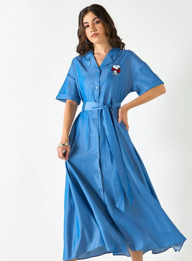 Snoopy Embroidered Shirt Dress with Belt and Short Sleeves