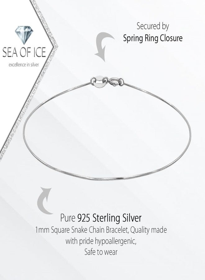 SEA OF ICE Sterling Silver 1mm Square Snake Chain Bracelet For Women, Size 7.25" - Image 3
