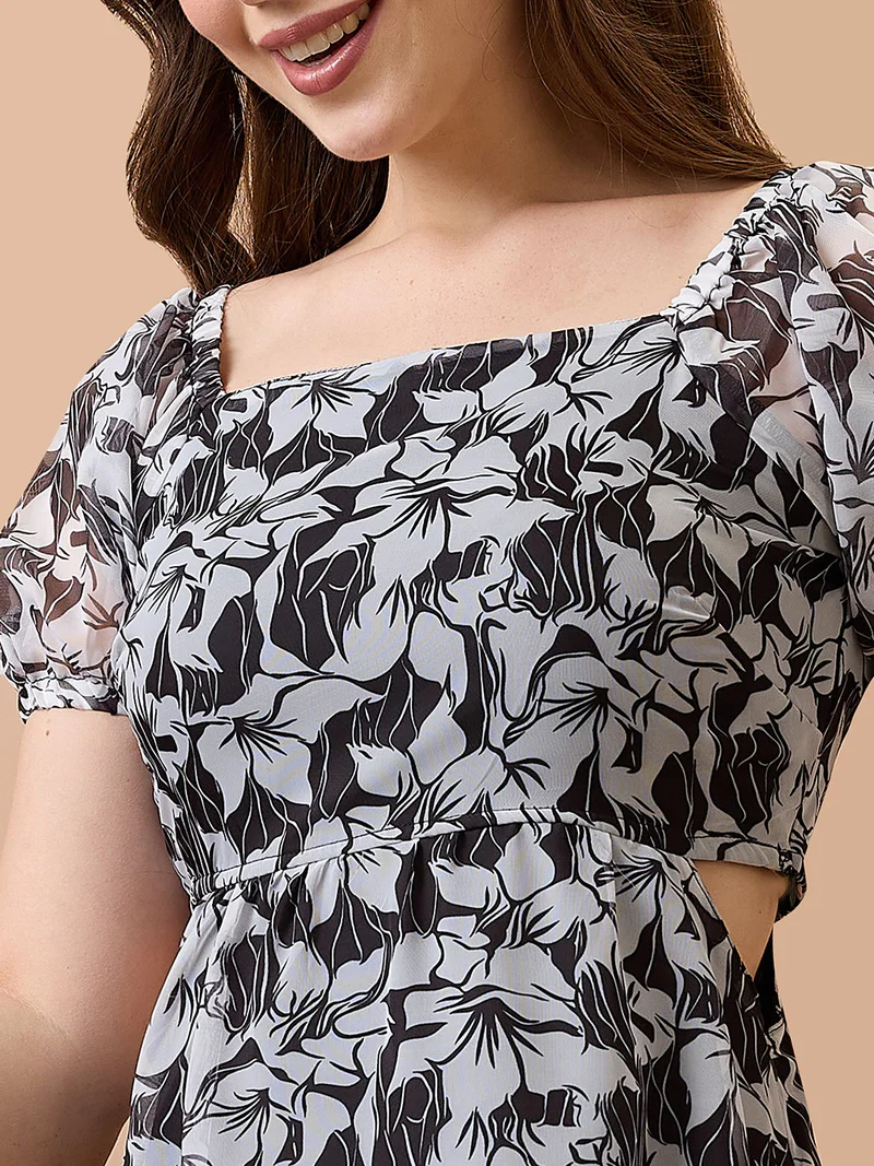 globus Women Floral Printed Square Neck Puff Sleeves Waist Cut-Out Mini Fit & Flare Dress
