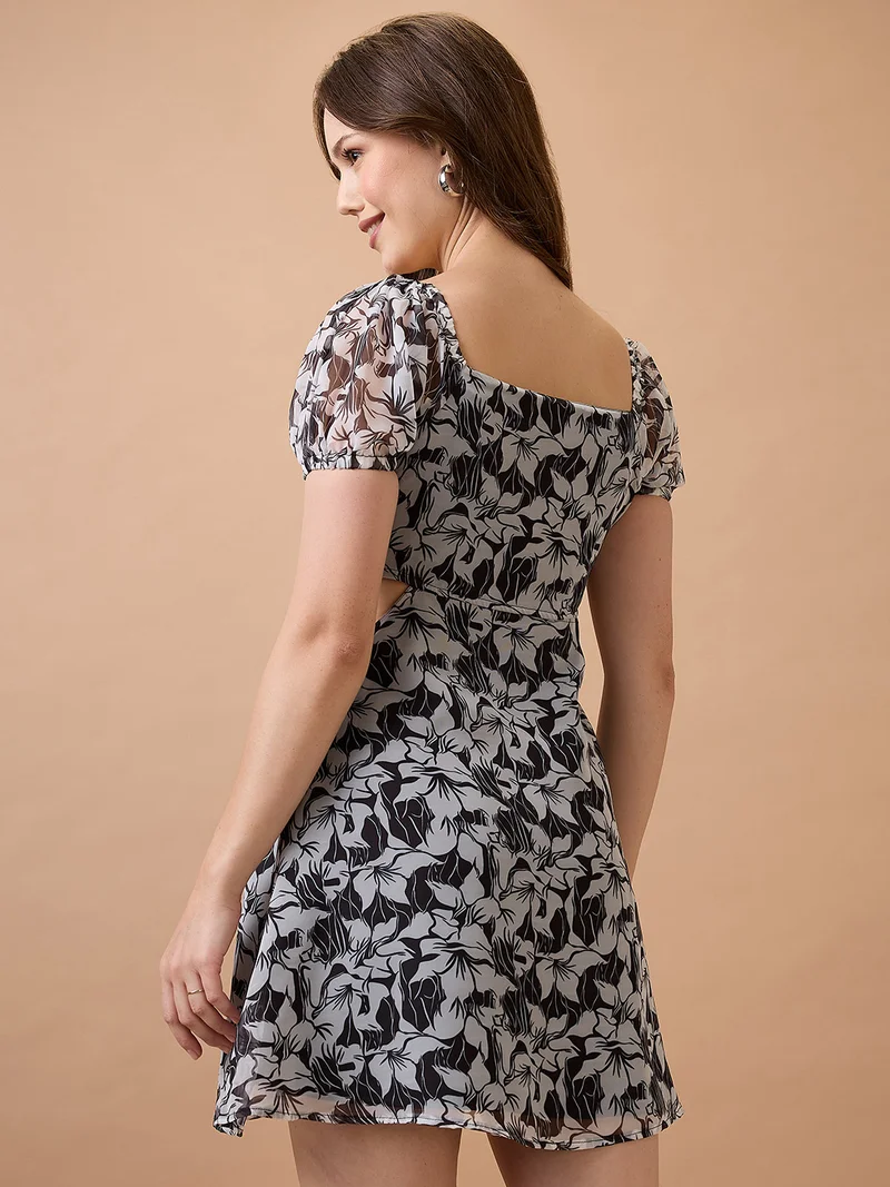 globus Women Floral Printed Square Neck Puff Sleeves Waist Cut-Out Mini Fit & Flare Dress