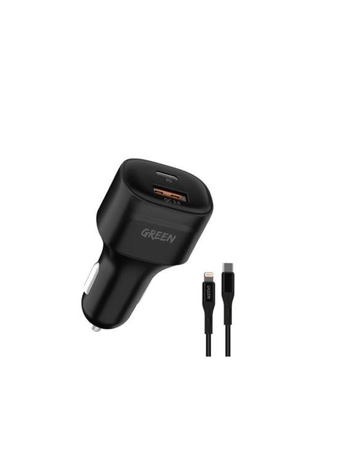 GREEN LION Dual Port Car Charger PD+QC3.0 20W with PVC Type-C to Lightning Cable 1M