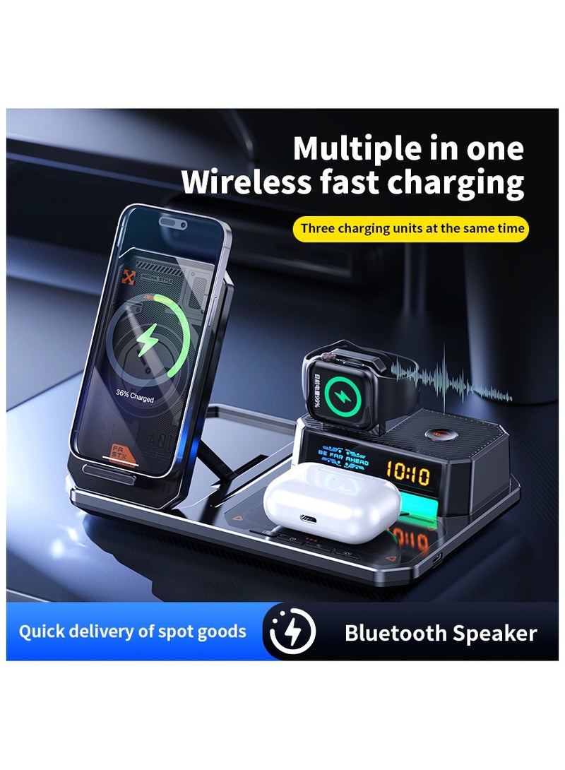 SYOSI 6 in 1 Wireless Charging Station with Alarm Clock, 15W Fast Charger Station, RGB Night Light, Cell Phone Stand Bluetooth Speaker with Anti-Slip Base, Charger Stand for Travel, Office, Home (Black) - Image 2