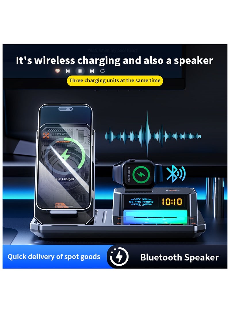 SYOSI 6 in 1 Wireless Charging Station with Alarm Clock, 15W Fast Charger Station, RGB Night Light, Cell Phone Stand Bluetooth Speaker with Anti-Slip Base, Charger Stand for Travel, Office, Home (Black) - Image 3