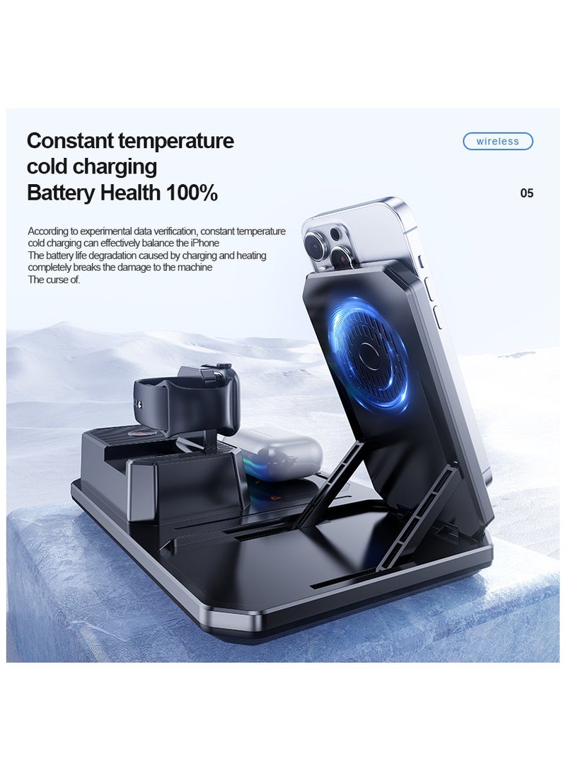 SYOSI 6 in 1 Wireless Charging Station with Alarm Clock, 15W Fast Charger Station, RGB Night Light, Cell Phone Stand Bluetooth Speaker with Anti-Slip Base, Charger Stand for Travel, Office, Home (Black) - Image 4