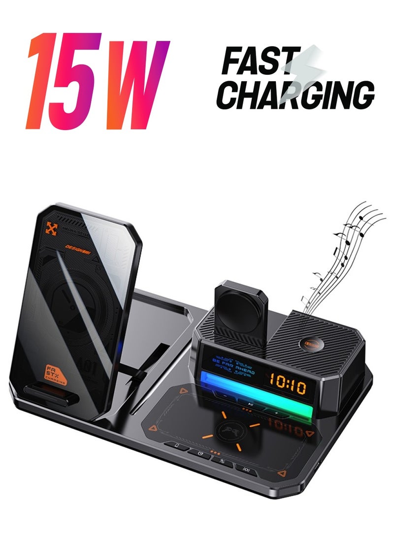 SYOSI 6 in 1 Wireless Charging Station with Alarm Clock, 15W Fast Charger Station, RGB Night Light, Cell Phone Stand Bluetooth Speaker with Anti-Slip Base, Charger Stand for Travel, Office, Home (Black) - Image 1