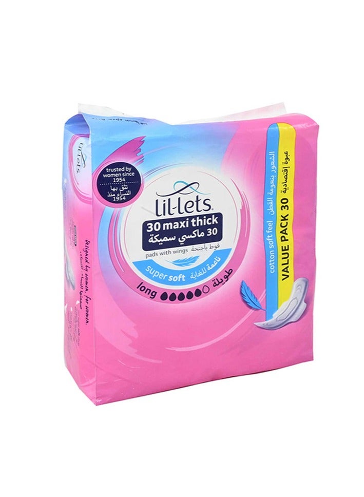 Lil-Lets Maxi Thick Long Sanitary Pads Super Soft with Wings Fast Absorbent Leak Protection Period Pads 30 Pads 