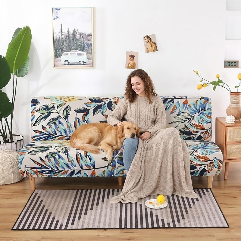 WOMACO Printed Futon Cover Stretch Sofa Bed Slipcovers Full Twin Queen Size Armless Couch Loveseat Protector Covers with Elastic Bottom for Living Room Bedroom Furniture (Rain Leaves, 63"-75") - Image 2