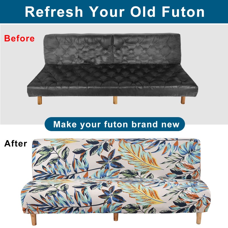 WOMACO Printed Futon Cover Stretch Sofa Bed Slipcovers Full Twin Queen Size Armless Couch Loveseat Protector Covers with Elastic Bottom for Living Room Bedroom Furniture (Rain Leaves, 63"-75") - Image 5