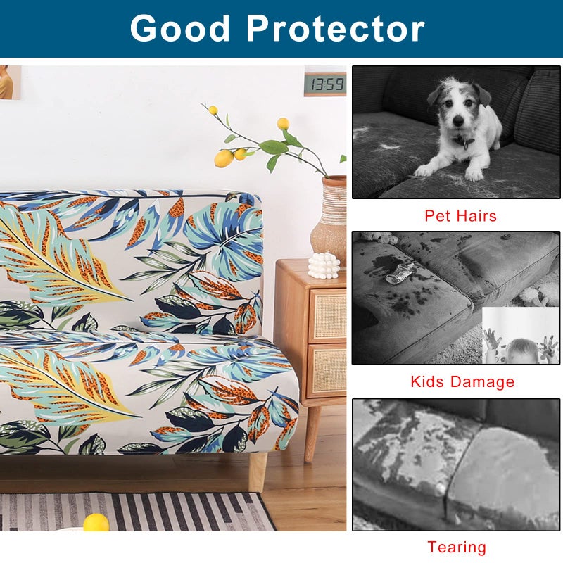 WOMACO Printed Futon Cover Stretch Sofa Bed Slipcovers Full Twin Queen Size Armless Couch Loveseat Protector Covers with Elastic Bottom for Living Room Bedroom Furniture (Rain Leaves, 63"-75") - Image 4