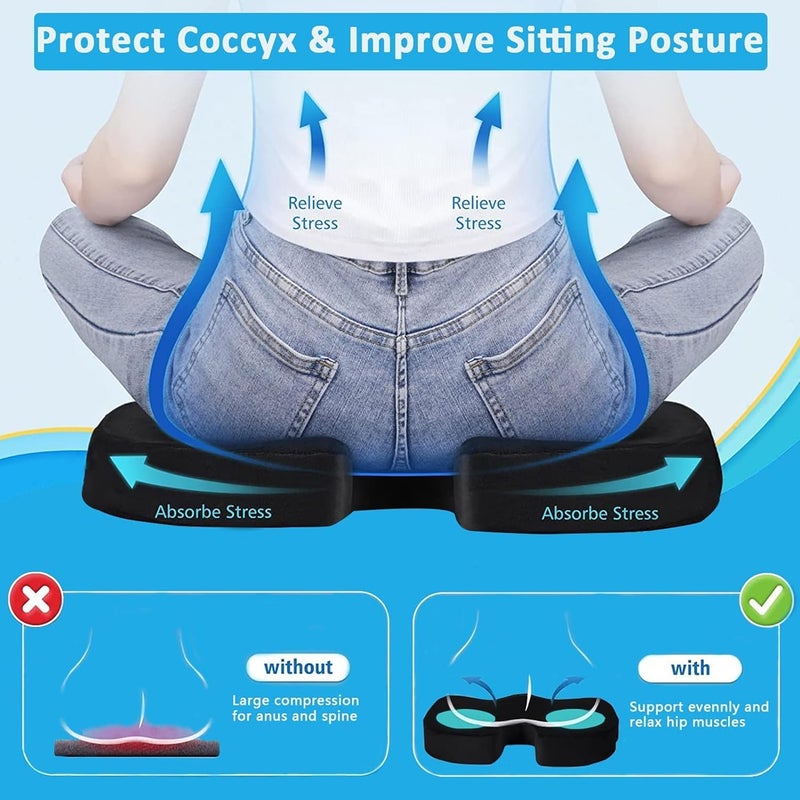 الكبريت وسادة مقعد جل تبريد وسادة عظم العصعص لكرسي المكتب للنساء والرجال لتخفيف آلام عرق النسا وعظم الذنب ودعم السيارة والكرسي المتحرك والطائرة (أسود) - Image 2