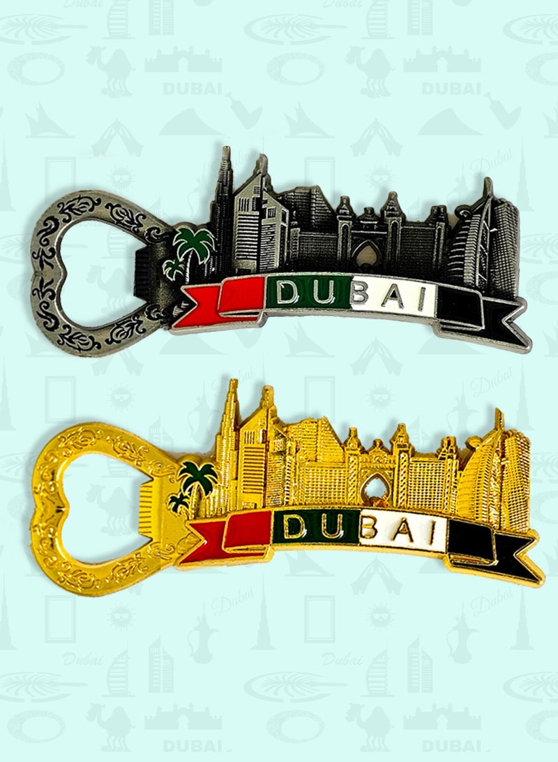 Dubai Metal Fridge Magnet Bottle Opener Set 2pcs – Iconic Buildings, UAE Flag Colors & Palm Trees