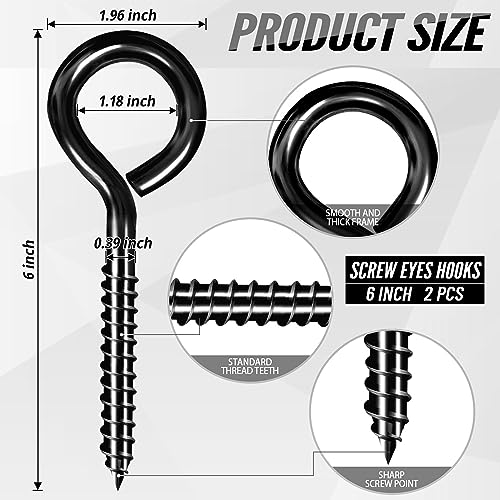 ZAUGONTW 2PCS 6 Inch Heavy Duty Screw Eyes Hooks, Self Tapping Eyelet Screws Eye Bolts, 800LBS Breaking Strength, Screw in Eye Hooks for Wood Securing Cables Wire - Image 2