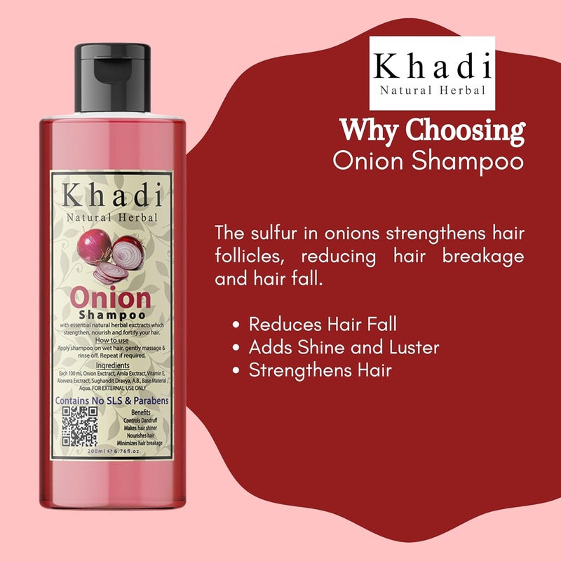 Khadi Natural Herbal Khadi Natural Herbal Onion Shampoo For Hair Regrowth Suitable For Curly Dry And Frizzy Hair Controls Hair Fall AntiDandruff Parben And SLS Free Onion Shampoo Combo Pack Of 200Ml Each - Image 2