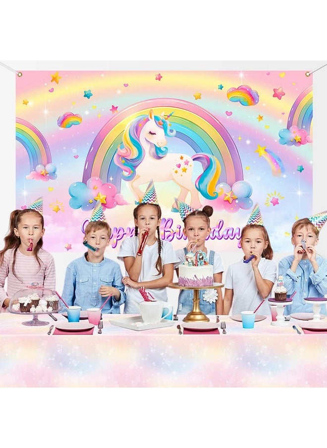Mocsicka Mocsicka Unicorn Birthday Banner Backdrop Pastel Rainbow Unicorn Backdrop for Girls Birthday Decorations Party Supplies 70.8 x 43.3 Inch  - Image 3