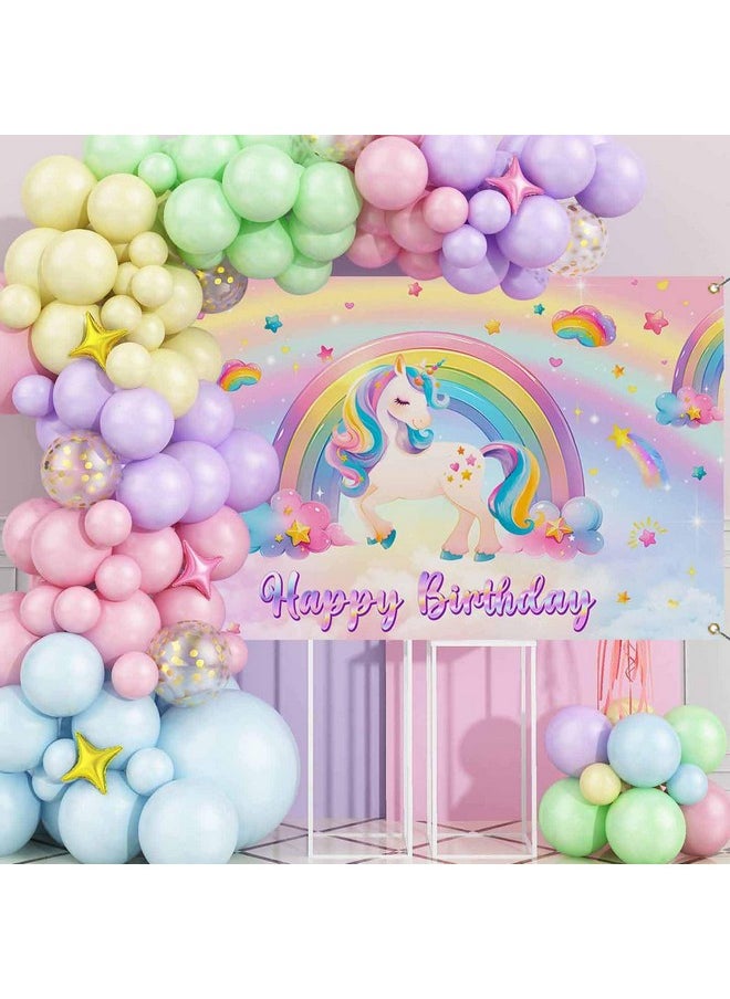 Mocsicka Mocsicka Unicorn Birthday Banner Backdrop Pastel Rainbow Unicorn Backdrop for Girls Birthday Decorations Party Supplies 70.8 x 43.3 Inch  - Image 2