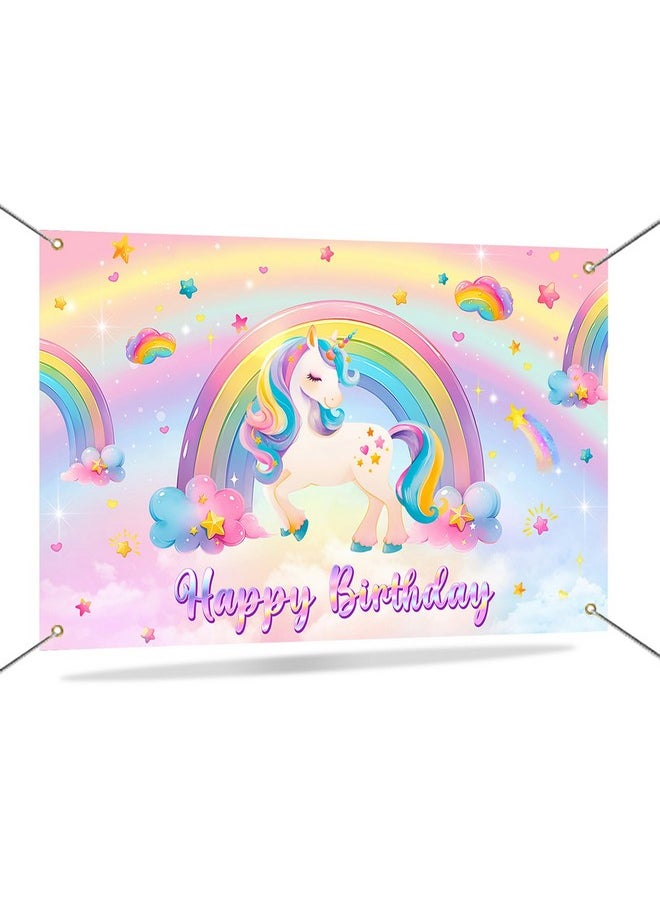 Mocsicka Mocsicka Unicorn Birthday Banner Backdrop Pastel Rainbow Unicorn Backdrop for Girls Birthday Decorations Party Supplies 70.8 x 43.3 Inch  - Image 1