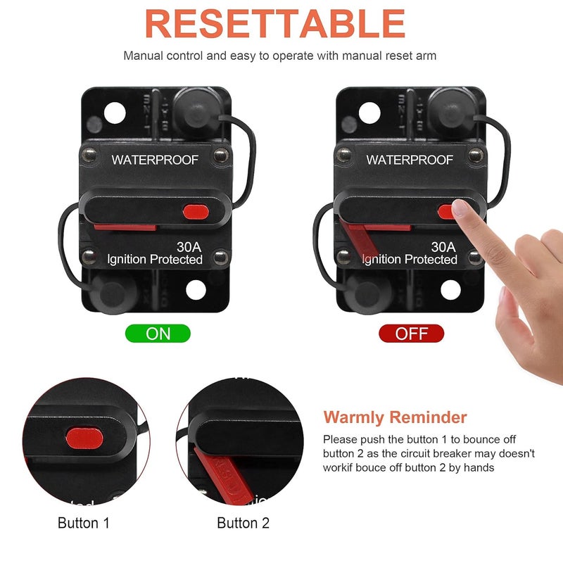 Erayco 30 Amp Circuit Breaker with Manual Reset Waterproof Inline Fuse Inverter for Marine Trolling Motors Boat ATV Manual Power 12V-42VDC (30A) - Image 3