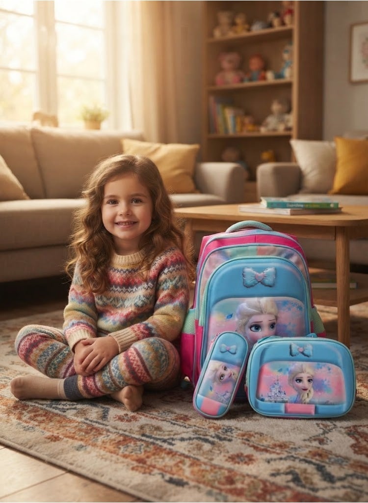 3-in-1 School Bag Set – Includes a backpack, lunch bag, and pencil case – Made from durable, lightweight, and water-resistant material. A complete 3-in-1 set: features a spacious backpack, a lunch bag to keep your child's meals fresh, and a stylish, practical pencil case.