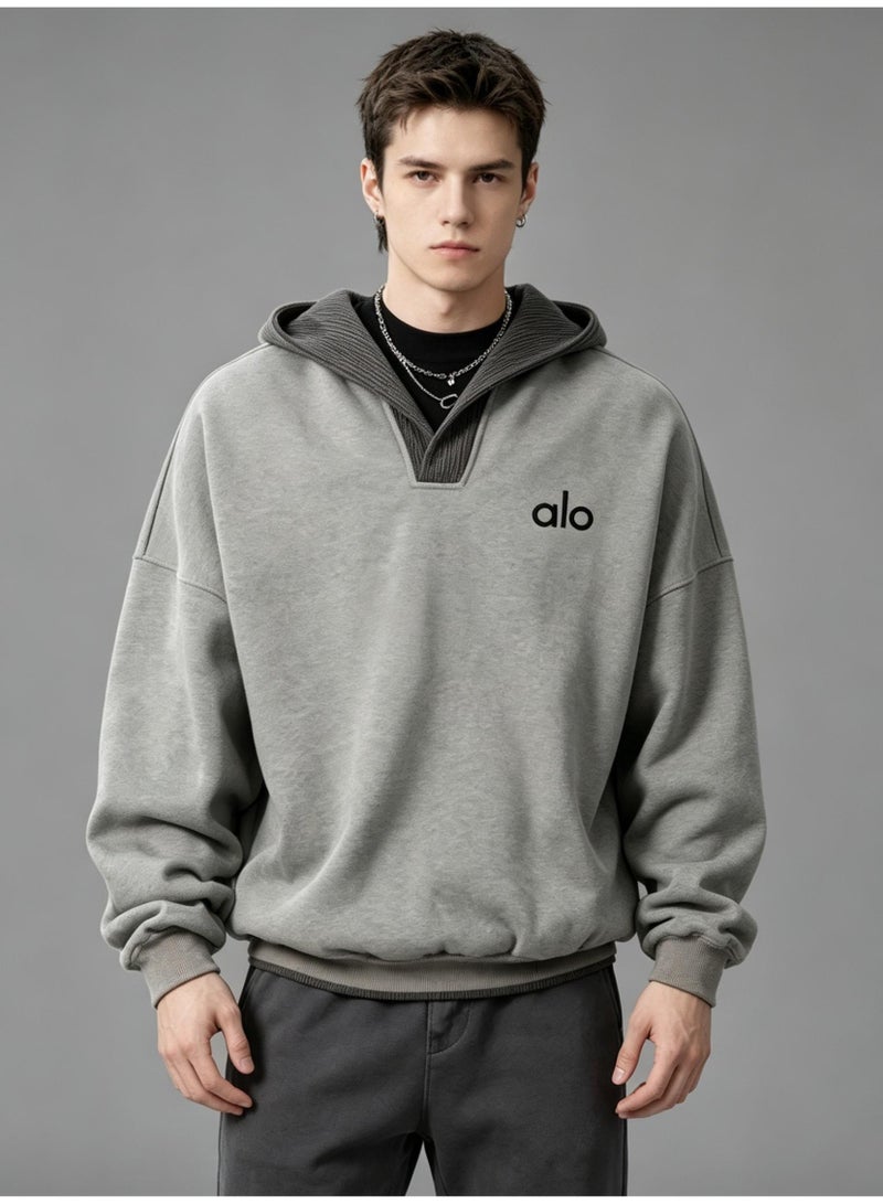 ALo728 wool splicing hooded sweater men and women niche lazy wind V-neck casual hoodie coat - Image 5