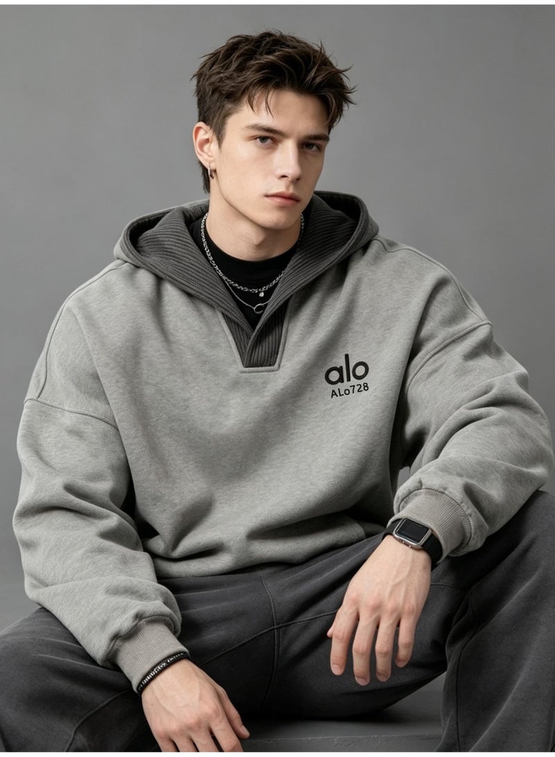 ALo728 wool splicing hooded sweater men and women niche lazy wind V-neck casual hoodie coat - Image 2