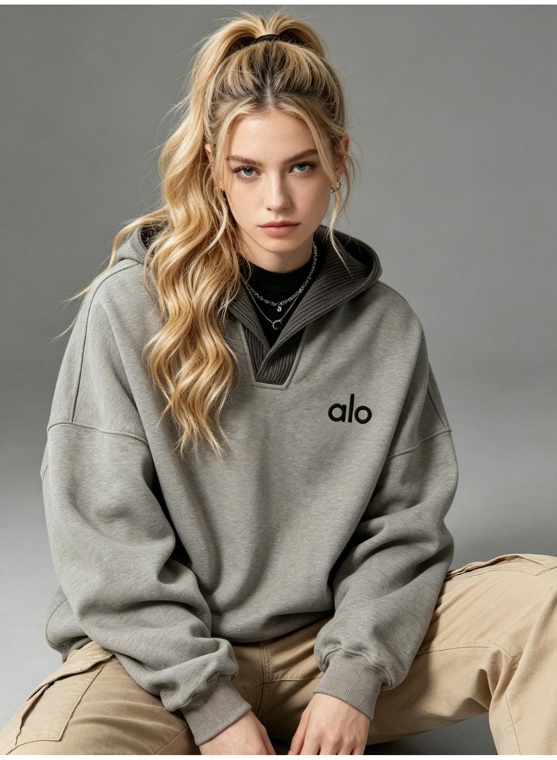 ALo728 wool splicing hooded sweater men and women niche lazy wind V-neck casual hoodie coat - Image 3