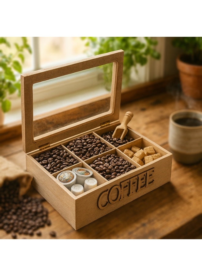 كادي ون صندوق تخزين خشبي مقسم الى عدة أقسام بغطاء علوي محكم الاغلاق، علبة تنظيم مع غطاء زجاجي شفاف بمفاصل معدنية لتخزين و تنظيم حبوب القهوة و الكبسولات مثالي للمطبخ و طاولة الضيافة - Image 1